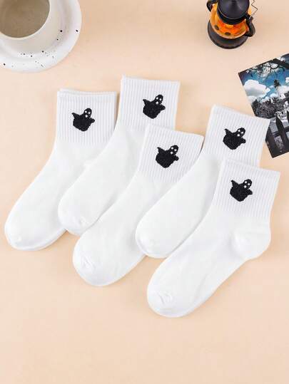 5 Pairs Women's Halloween Mid-Calf Socks, Gothic Ghost Pattern, Machine Washable - White, Suitable For Halloween Parties And Daily Wear, Holiday Footwear, Quirky Sock Design, Comfortable Sock Material