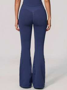 KyrLssu Quần legging nữ cạp cao không đường may, lưng gân, màu trơn, co giãn, định hình bụng, quần capri tập yoga và fitness - Màu xanh hải quân - Xem 4