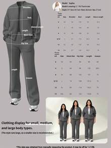 2 piezas Conjunto de chaqueta de sudadera de unicolor casual y pantalón de pierna recta, de tela de felpa suave, adecuado para primavera, otoño e invierno elegante - Gris oscuro - Ver 7