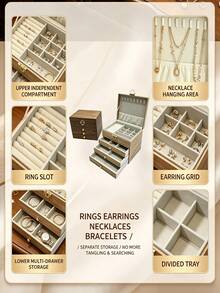 Jewelry Storage Box, Artificial PU Leather Walnut Wood 3-Layer Wooden Jewelry Box With Velvet Lining, Earring And Ring Storage Box, Large Capacity Drawer Design, Suitable For Necklaces, Bracelets (3 Layers) - Multicolor - View 10
