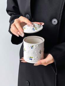 1 buah Toples Penyimpanan Keramik Motif Bunga, Wadah Penyimpanan Kedap Udara Silinder Lurus Serbaguna, Wadah Keramik Bulat Tertutup, Tempat Biji Kopi, Cocok untuk Bumbu Dapur, Kopi, Biji-bijian, Permen, Kue, Dekorasi Meja Dapur Rumah - MultiWarna - View 6