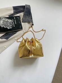 秋冬新款鱷魚壓紋單肩包，金屬鍊條抽繩背帶斜挎包，派對晚宴手拿包 - 金色 - 查看 6