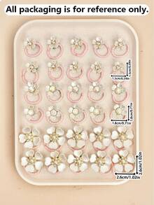 14/28pcs Random Assorted White Rhinestone Flower Hair Accessories, Thin Pink Cord 3D Petal Design Mini Versatile Hair Ties For Girls' Daily Outfits - Multicolor - View 2
