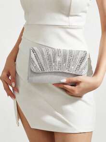 REMANLAND Glamorous Sparkling Rhinestone Decorated Chain Bag, Magnetic Closure, Elegant Fashionable Evening Bag, Suitable For Women's Birthday Party, Charming Evening Shoulder Bag - Silver - View 10