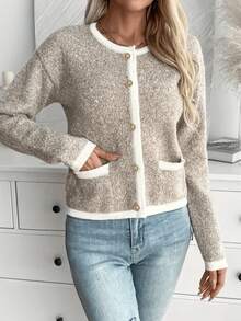 Plus Size 2026 New Arrival Contrast Trim Knit Cardigan, Long Sleeve Button‑Down Sweater With Pockets, Casual Loose Outerwear For Fall Winter - Khaki - View 6