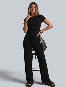 NcmRyu Women's One Set Solid Color Round Neck Short Sleeve Drawstring Straight Leg Pants Sports Set - Black - View 6