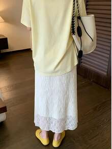 New Solid Color Pleated High Waist Hip-Covering Slimming Skirt, Elastic Waist Versatile A-Line Mid-Length Skirt White - White - View 6