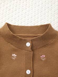 Cárdigan de punto con cuello redondo y patrón floral bordado para niñas bebés - Marrón - Ver 2