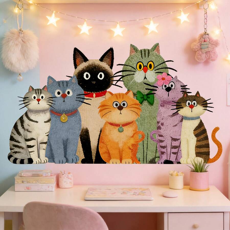 1 miếng dán tường gia đình mèo dễ thương nhiều màu, decal tường động vật hài hước, phù hợp cho phòng khách, phòng ngủ, lối vào, ký túc xá, nhà bếp, phòng học, trang trí nhà đẹp - Họ Mèo - Xem 1