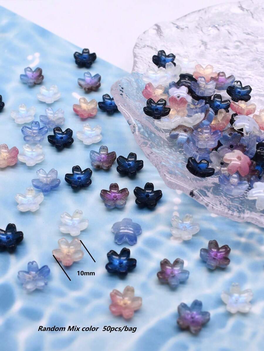 深色 10mm 50顆/袋 3D 小櫻花玻璃花，適用於珠寶製作、DIY 手機鍊