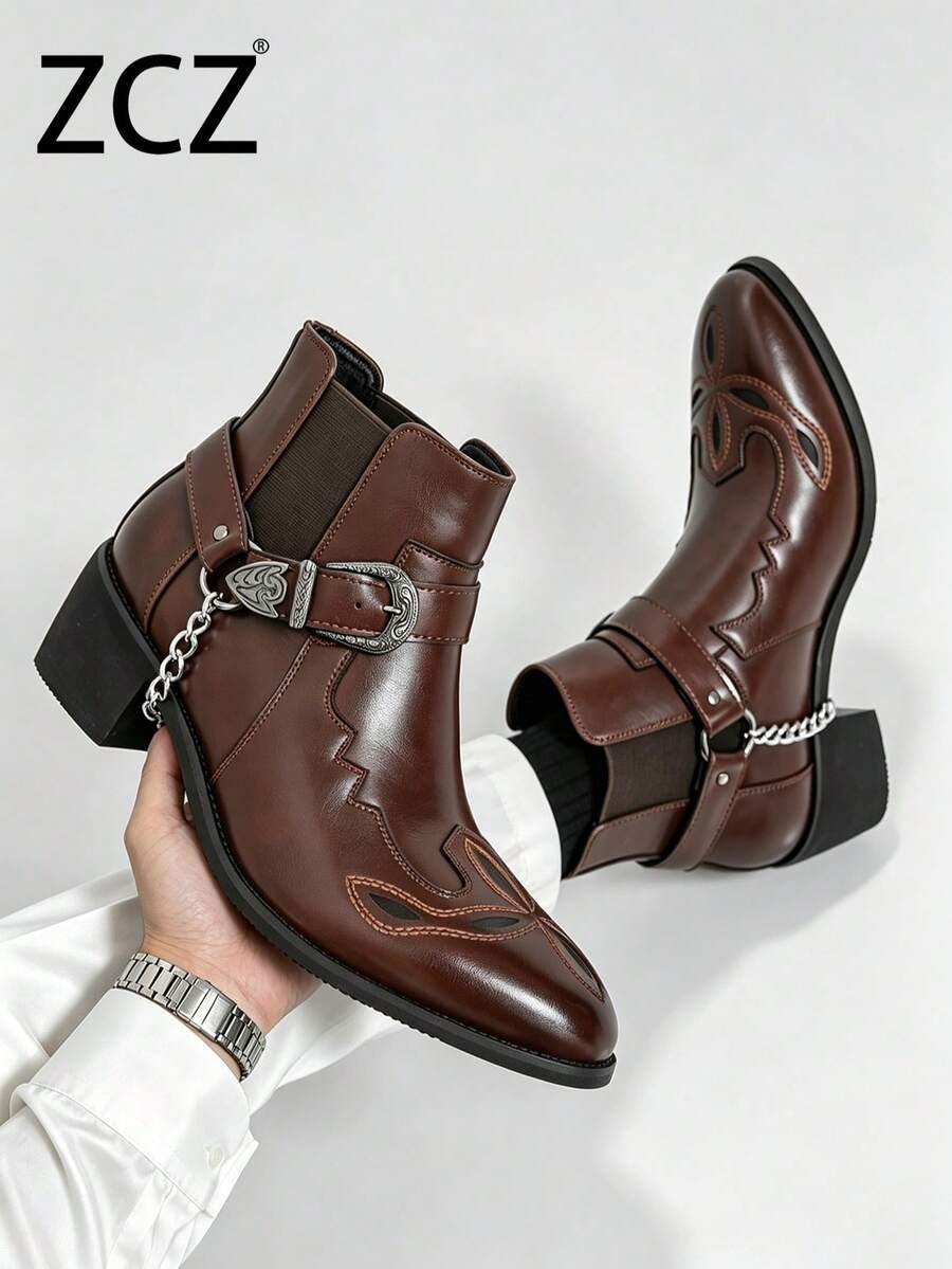 ZCZ Men's Chelsea Boots High-Top Leather Shoes Pointed Toe Fashion Leather Boots Thick Sole Chain Buckle Boots Chelsea Boots - Brown - View 1