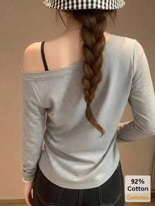 92% Cotton Asymmetrical Neckline Cami Top, Grey Floral Long Sleeve Blouse, Stylish Base Layer - Gray - View 8