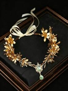 KOVLYNE 1pc Vintage Gold Floral Bridal Headband, Greek Goddess Leaf Crown With Green Crystal Pendant, Adjustable Hair Accessory, Suitable For Weddings, Festivals And Renaissance Costumes - Gold - View 6