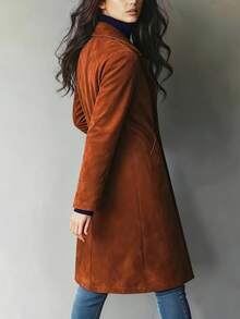 Ladies' Autumn And Winter Fashionable Versatile Retro Mid To Long Length Faux Suede Collar Single Breasted Slim Fit Long Sleeved Jacket With Pockets - Brown - View 3