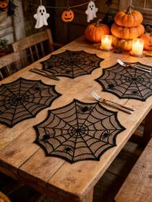 2pcs Black Lace Spider Web Placemats, Halloween Party Table Decor, Happy Halloween Decoration, Ghost Festival Decor, Table Centerpiece, Spooky Tableware, Spider Web Pattern Decor, Home Kitchen Dining Room Decoration - Black - View 7