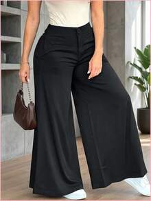 daghkugdyaj Pantalones anchos y sueltos de unicolor y casual para mujer, elegantes y minimalistas para la primavera - verde militar - Ver 2
