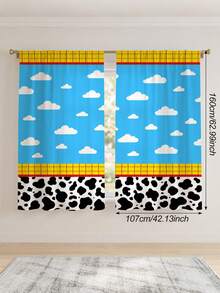 2pcs Color Block Cow & Cloud Rod Pocket Curtains, Polyester Fabric, American Style Patchwork Print, Fashion Living Room Bedroom Home Fabric Curtains - Multicolor - View 16