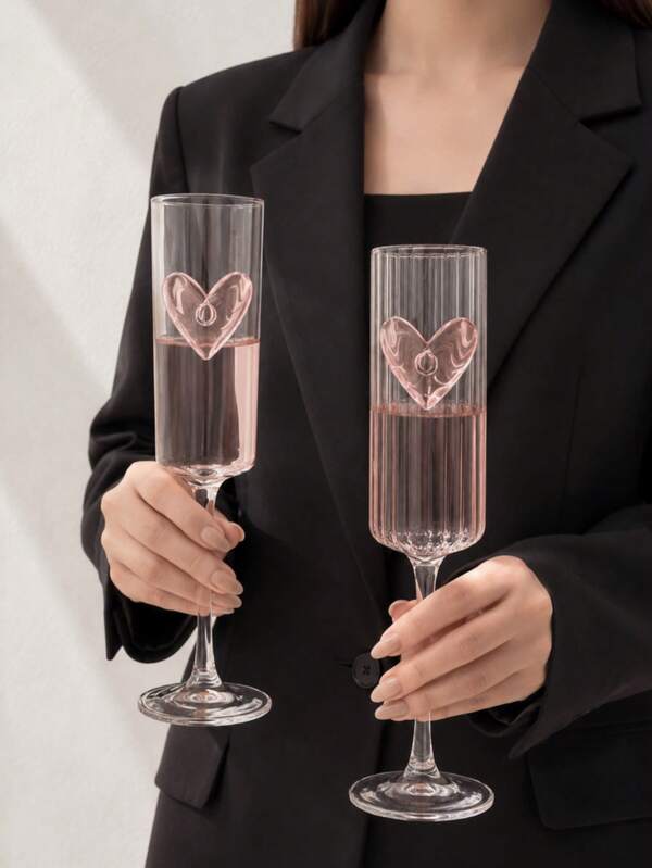 1 pieza Copa de flauta de vidrio de borosilicato alto decorada con cristal en forma de corazón, superficie lisa o estriada, resistente al calor y al frío, adecuada para café, jugo, agua con gas, mesa de postres, decoración del hogar y regalo elegante