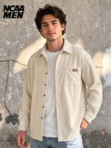 Men's Solid Color Textured Long Sleeve Casual Shirt, Versatile Daily Commute Top, Spring/Autumn - Apricot - View 1