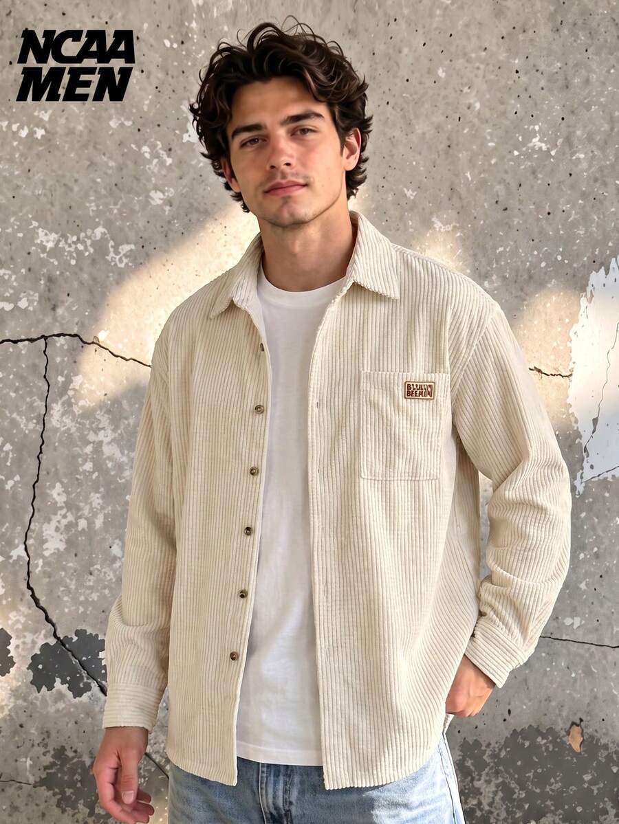Men's Solid Color Textured Long Sleeve Casual Shirt, Versatile Daily Commute Top, Spring/Autumn - Apricot - View 1