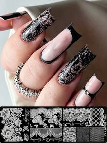 2pcs Romantic Lace & Cursive Word Nail Stamping Plate Vintage Elegant Lace Plaid With English Letter Nail Art Stamp Stencil Transfer Printing Templates For DIY Manicure Decoration Tools - Silver - View 3