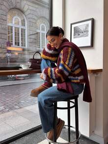 Colorful Horizontal Striped Soft Knit Sweater, Colorblock Retro Color Scheme, Loose Retro Street Slouchy Pullover Knit Top - Multicolor - View 3