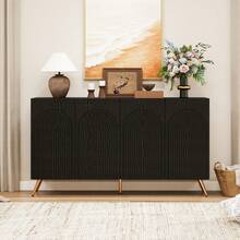 Mid-Century Modern Sideboard, Walnut-Look Entryway Cabinet, 3D Fluted Details And Arched Doors, Engineered Wood, Adjustable Shelves, Gold Metal Legs - Black + Particle Board - View 1