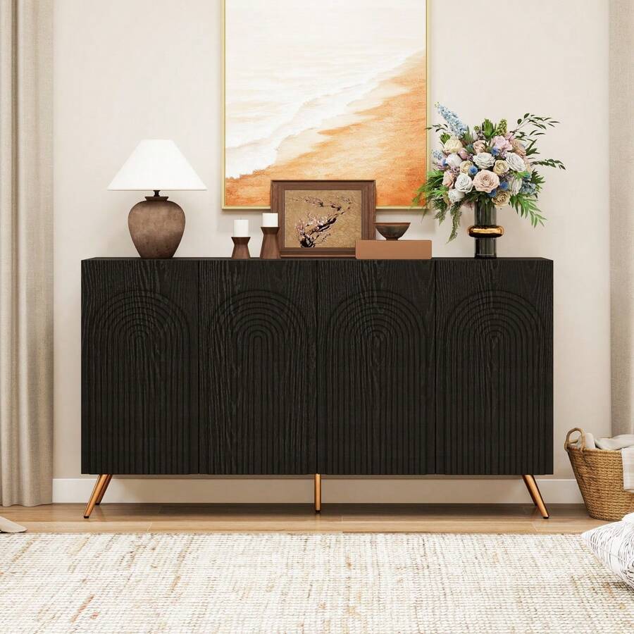 Mid-Century Modern Sideboard, Walnut-Look Entryway Cabinet, 3D Fluted Details And Arched Doors, Engineered Wood, Adjustable Shelves, Gold Metal Legs - Black + Particle Board - View 1