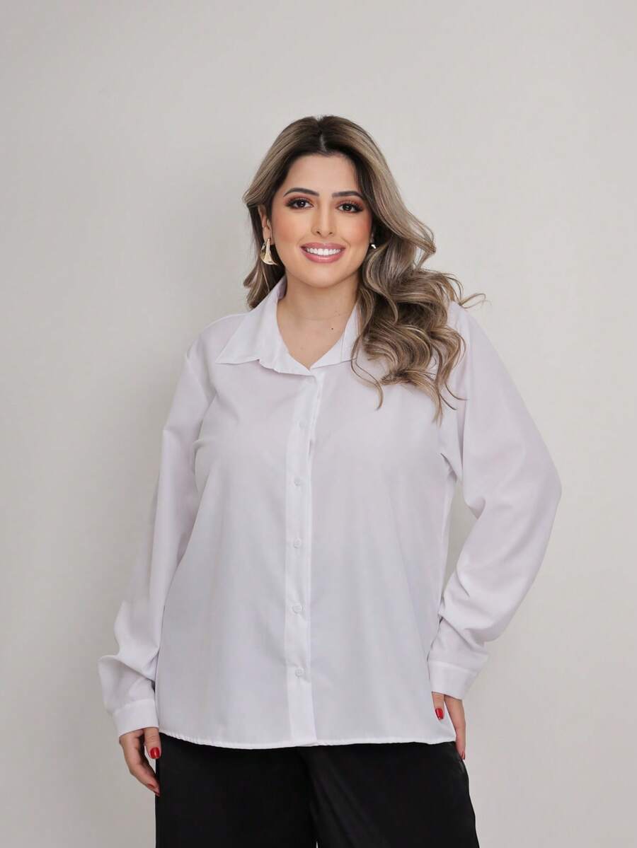 Women's Plus Size Plain Collared Dress Shirt With Long Sleeves - 白色 - 查看 1