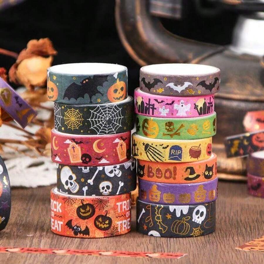 12 piezas/Juego de cinta washi con lámina dorada de Halloween vintage, patrón literario fresco, cinta de enmascarar para manualidades DIY, scrapbooking, pegatinas decorativas para cuaderno, planificador, manualidades y decoración de fiesta - Multicolor - Ver 1