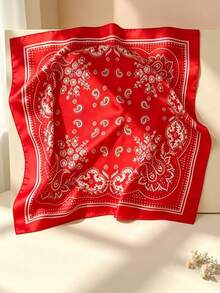 1 buah Bandana Motif Paisley 70cm Mirip Sutra, Syal Leher Serbaguna, Penutup Kepala, Dekorasi untuk Pria - Merah - View 2