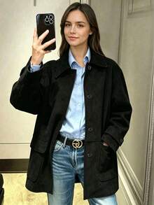 1pc Daily Commute Casual Versatile Solid Color Turn Collar Button Pocket Fashion Autumn/Winter Long Sleeve Jacket - Black - View 1
