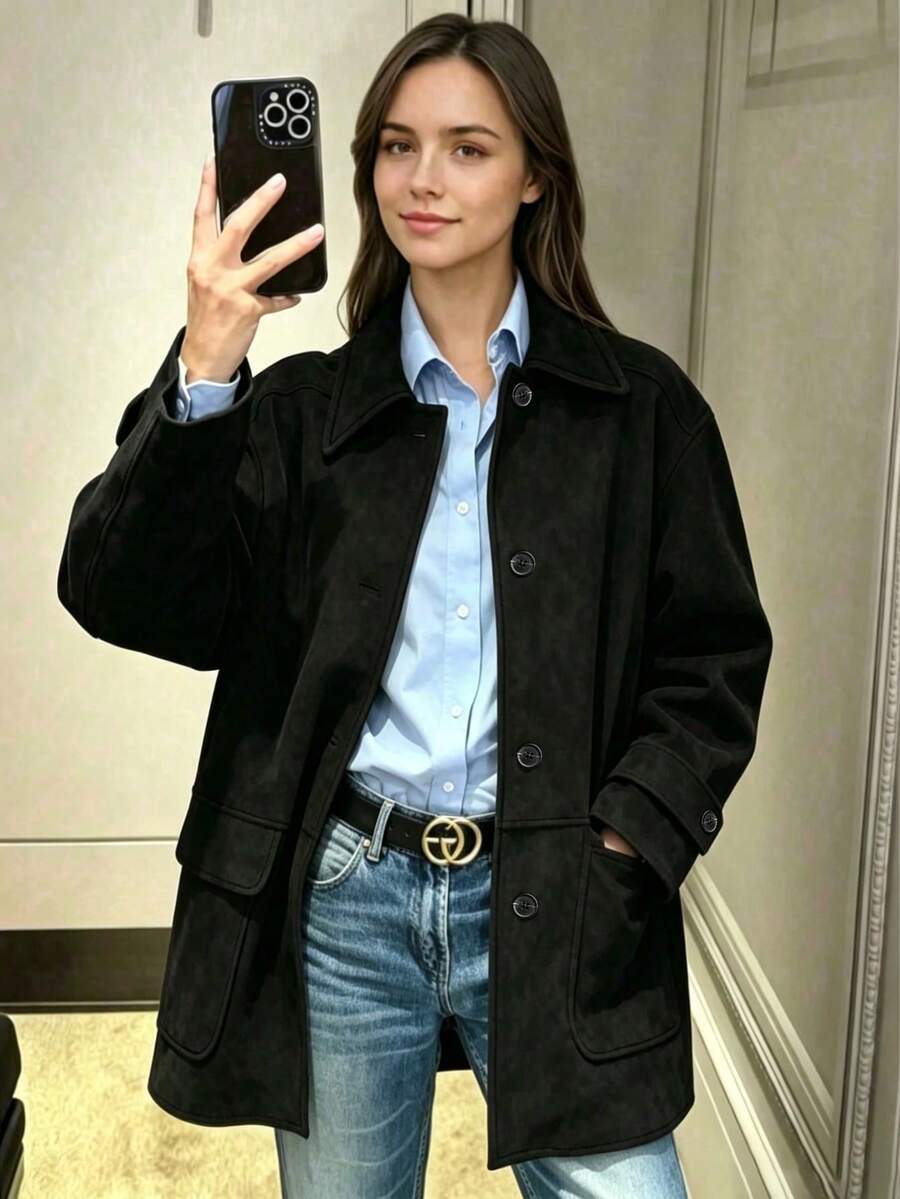 1pc Daily Commute Casual Versatile Solid Color Turn Collar Button Pocket Fashion Autumn/Winter Long Sleeve Jacket - Black - View 1