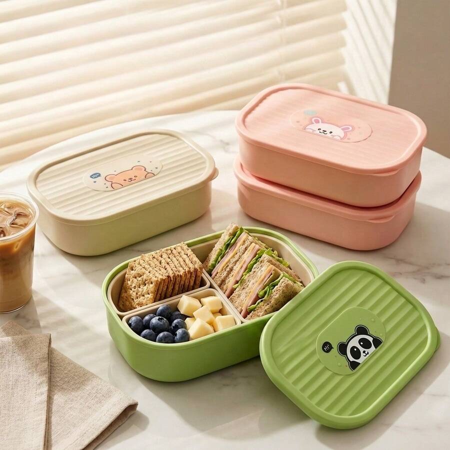 1pc Cute Pattern Plastic Lunch Box With Detachable 3-Compartment, Microwave Fruit Salad Food Storage Container, Large Capacity Divided Bento Box, Refrigerator Fresh-Keeping Box, Leak-Proof Meal Prep Box For Student Adult Use In School, Office, Picnic