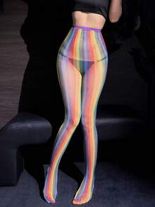 1 Pair Women 2 Styles Rainbow Gradient Fishnet Tights, Y2K Colorful Sheer Mesh High Waist Pantyhose Sexy Stretch Stockings For Club Party Night Out - Multicolor - View 14