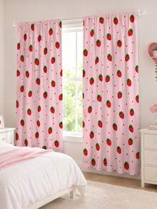 2pcs Strawberry Print Curtains, Rod Pocket Polyester Fabric, Light Pink Cartoon Strawberry Fine Polka Dot All-Over Print, Sweet Cute Girly Style, Machine Washable, Suitable For Bedroom Kitchen Home Window Decoration - Multicolor - View 9