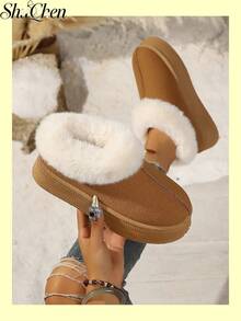 1 Pair Vintage Fashion Camel Color Thick Fur Trim Round Toe Ankle Boots Women's Winter Thick Sole Boots Uggs Style Vintage Daily Winter Shoes - Brown - View 1
