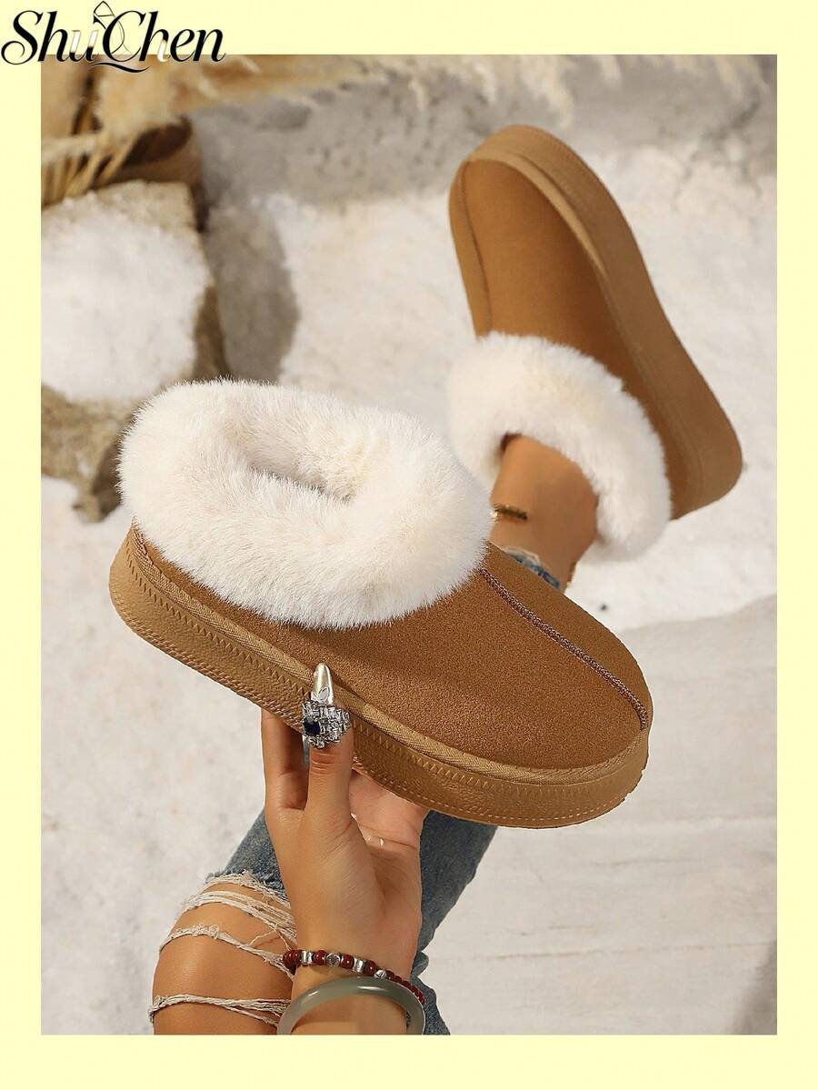 1 Pair Vintage Fashion Camel Color Thick Fur Trim Round Toe Ankle Boots Women's Winter Thick Sole Boots Uggs Style Vintage Daily Winter Shoes - Brown - View 1
