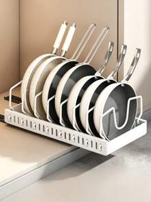 Adjustable Pull‑Out Pot Pan Organizer Rack, Vertical Cookware Holder With Hooks For Pots, Pans & Lids, Space‑Saving Large‑Capacity Easy‑To‑Install & Easy‑To‑Clean Kitchen Cabinet Drawer Storage Accessory For Home Kitchen Organization - White - View 11