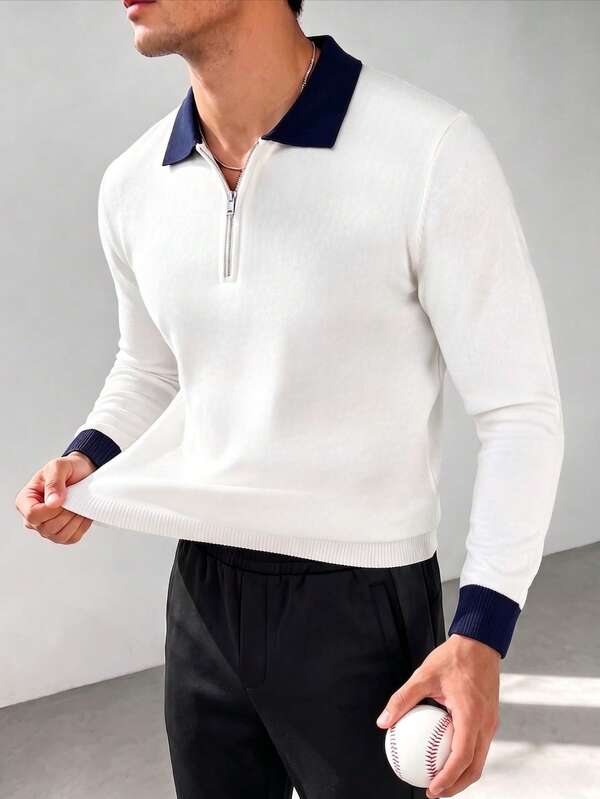 ZYNTH BALENO Men's Fashion 12-Gauge Patchwork Slim Fit Regular Shoulder Zip-Up Collar Long Sleeve Sweater, Suitable For Gym Workouts
