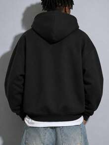 Men's Black Pullover Hoodie, Plaid-Lined Drawstring Hood, Kangaroo Pocket, Ribbed Cuffs And Hem, Casual Long Sleeve Sweatshirt For Fall Winter - Black - View 2