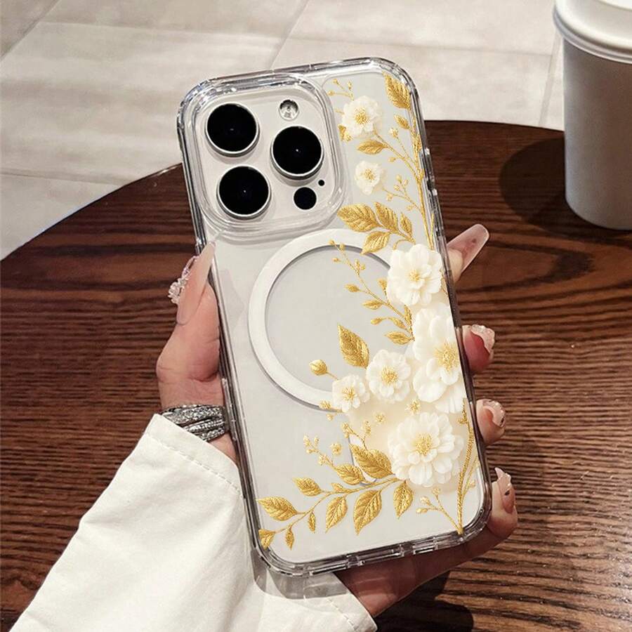 [24h Shipping from DE/FR/ES]handy hüllencoque fundas Phone Case - A Collection of Spring-Themed Cases Featuring a Golden Branch And White Floral Design, a Sturdy Transparent Case Designed to Withstand Drops, Equipped with a Magnetic Ring That Supports Wireless Charging, Suitable for  11 PlusShockproof, scratch-proof, no yellowing    perfect gift - 1 Hauptbild - Übersicht 1
