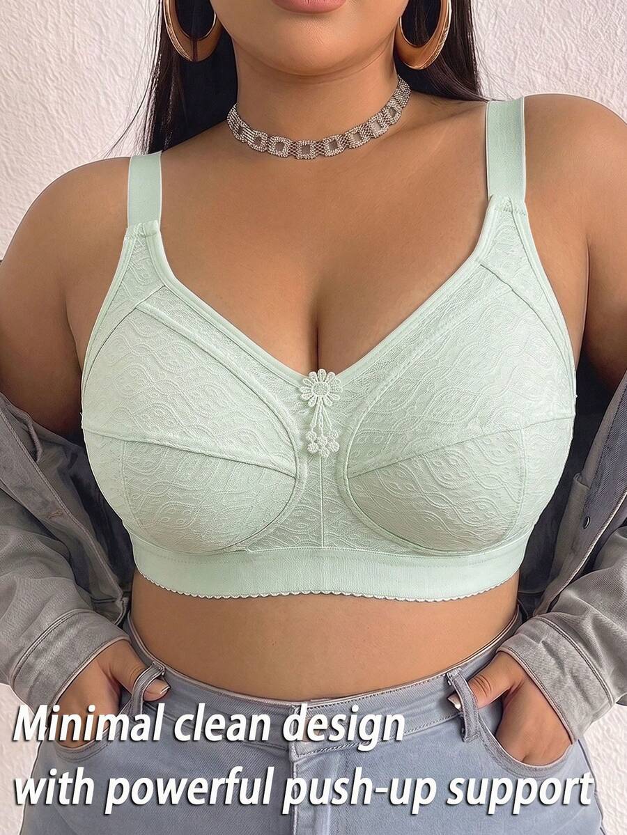 Plus Size Women's Floral Print Patchwork Wireless Bra, Breathable Anti-Slip Push-Up With High Support, Seamless For Daily Wear And Various Occasions - Mint Green - View 1