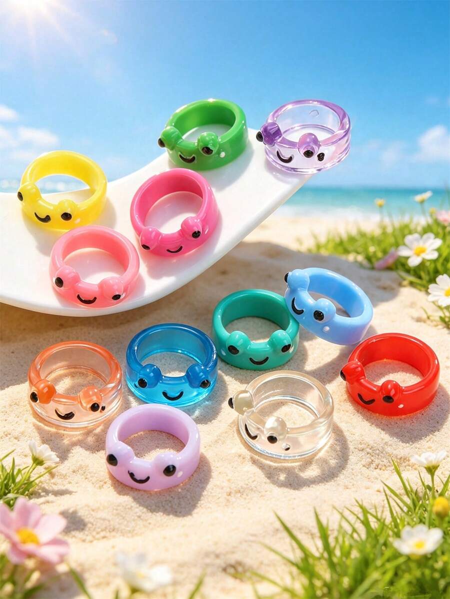 12pcs Multicolor Polyresin Heart-shaped Ring, Anti-water, Perfect For Girls' Daily Wear, Suitable As Y2k Couple Gift - Multicolor - View 1