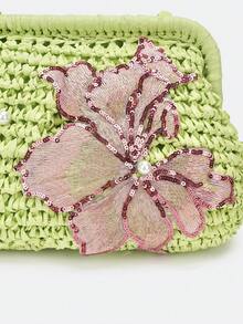 Dedoo 花卉刺繡編織草編手拿包，珍珠裝飾金屬鍊條復古夏季斜挎女款手提包，適合海灘派對與度假 - 綠色 - 查看 8