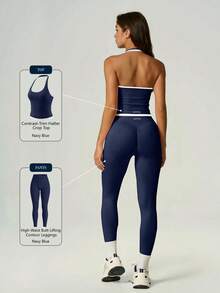 UONNOU 2pcs Women's Seamless Sports Shaping Set, Halter Neck Backless Colorblock Tank Top, Fitness Casual Sportswear, Summer Style - Navy Blue - View 1