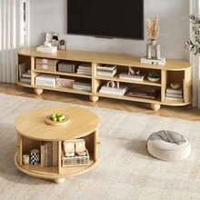 Coffee Table And TV Unit Set, Round Coffee Table With Curved TV Unit, Surrounding Vertical Relief Structure, Sliding Doors, MDF Body, Metal Handles, Spherical Metal Legs, Versatile Storage Space. - 天然纖維+中密度纖維板 - 查看 4
