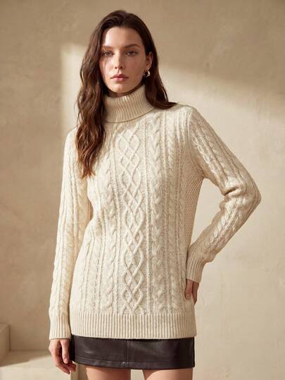 Jersey de cuello alto de 100% lana merina para mujer, suéter informal de otoño/invierno cálido y suave de punto de cable de manga larga