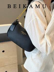 1 bolsa de hombro de PU de unicolor para mujeres, bolsa cruzada versátil para la conmutación, correa de hombro ajustable - Negro - Ver 1