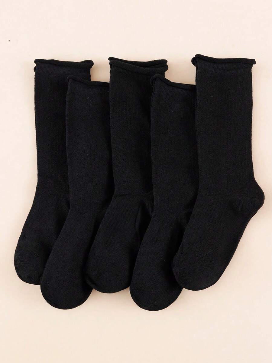 1/5 Pairs Women's Sweet Black Ruffle Soft Knit Stackable Mid-Calf Socks, Suitable For Daily Commute Wear - Black - View 1